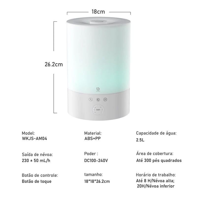 Umidificador de Ar Inteligente Wi-Fi Tuya – Purificador de Ar e Ambiente com Capacidade de 2,5L – Ideal para Casa